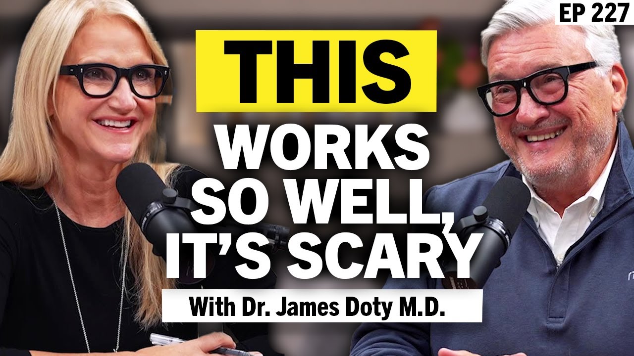 Mel Robbins and Dr James Doty at studio microphones, with the words THIS WORKS SO WELL IT'S SCARY and, underneath, With Dr. James Doty M.D.